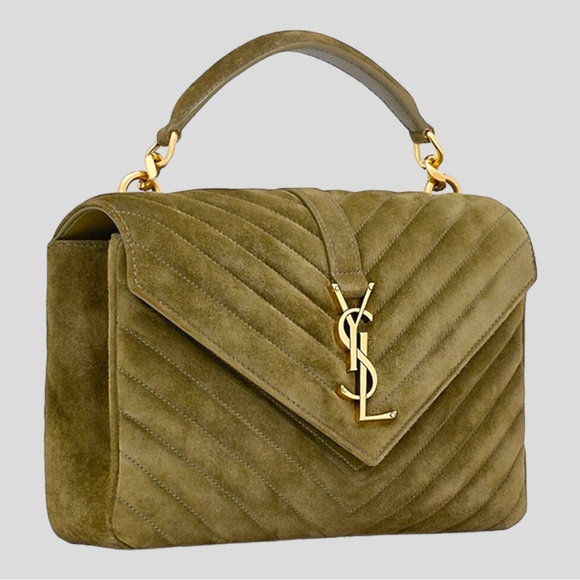 👜 🆕 Saint Laurent MEDIUM COLLEGE IN QUILTED SUEDE. Color: Loden Green - Picture 5 of 7